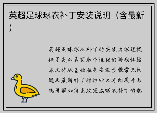 英超足球球衣补丁安装说明（含最新）