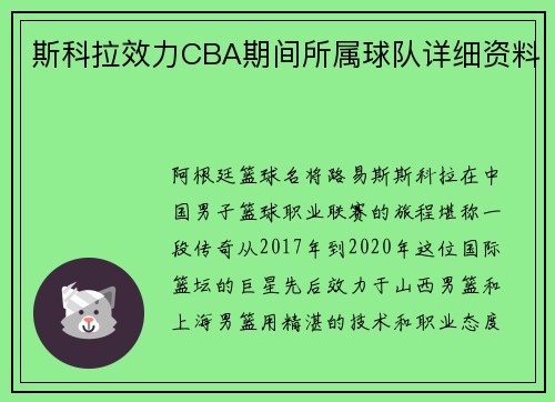 斯科拉效力CBA期间所属球队详细资料